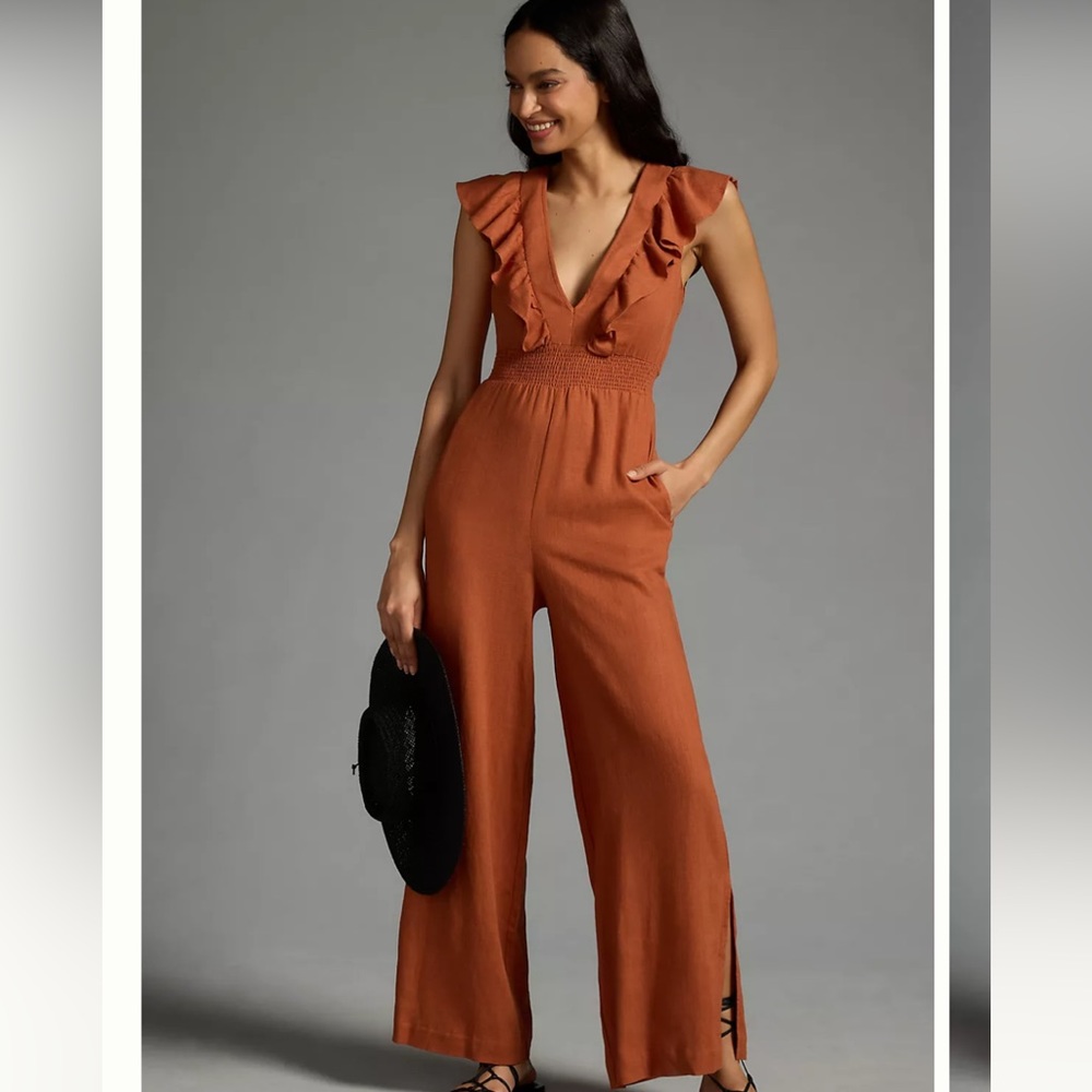 Anthropologie V Neck Ruffle Jumpsuit